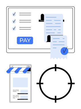 Kontrol listesi, makbuzu, mobil e-ticaret mağazası önü ve hedef sembolü olan ödeme ekranı. Çevrimiçi işlemler, faturalandırma, mobil ticaret, dijital pazarlama, finans teknolojisi için ideal