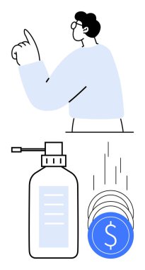 Sağlık önlemleri ve mali tasarrufları vurgulayan el dezenfektanı şişesi ve düşen paralarla yukarıya bakan kişi. Finans, sağlık, kişisel hijyen ve bütçe yönetimi için ideal