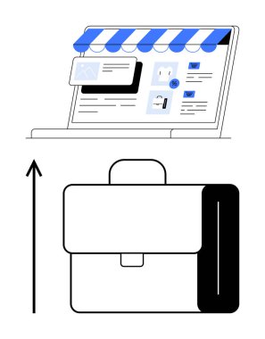 Laptop with online store briefcase upward arrow. Ideal for entrepreneurship, online sales, digital economy, business growth, e-commerce strategies, market expansion, innovation. Line metaphor clipart