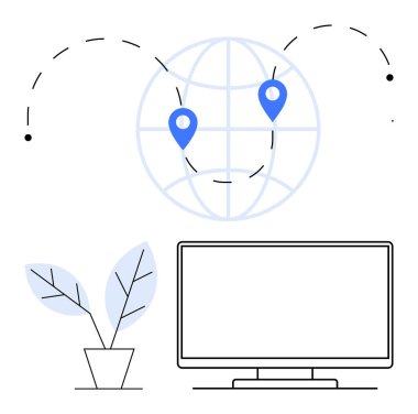 Yer işaretleyicileri, bitki ve bilgisayar monitörlü dünya çapındaki bağlantıyı ve uzaktan çalışmayı vurguluyor. Küresel iş, uzaktan çalışma, teknoloji iletişimi ve sanal işbirliği için ideal