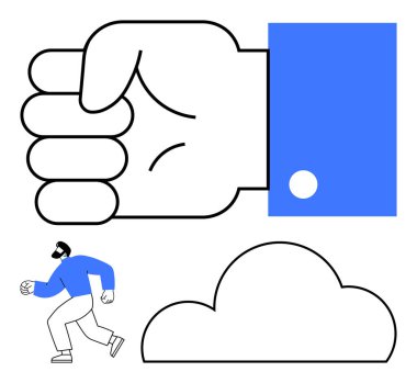 Dev el, bulutun yanında koşan bir karaktere saldırmaya hazır. Temalar için ideal başparmak baskısı, stres, takip, çizgi film, soyut kavramlar, hikaye anlatımı ve çizimler. Satır metaforu