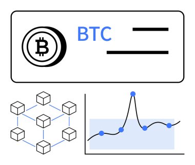 Bitcoin sembolü BTC metin engelleyici ağ küp çizgisi grafiği veri zirveleri ile. Finans, kripto para birimi, engelleme zinciri, teknoloji, piyasa eğilimleri, veri analizi, yatırımlar için idealdir. Satır metaforu