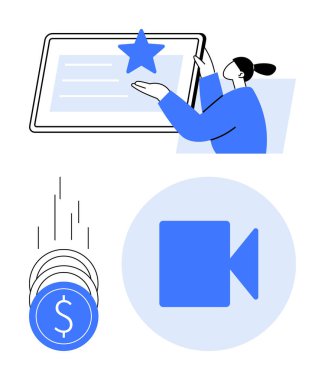 Bir tablet cihazıyla etkileşime giren kişi bir yıldız ikonu, maddi işlemleri sembolize eden bozuk paralar ve bir video kamera ikonu. Dijital içerik, çevrimiçi öğrenme ve fintech için ideal