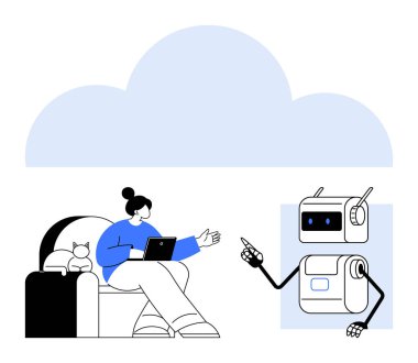 Kanepede dizüstü bilgisayarı olan bir kadın ve robot asistanla takılan bir kedi. Arka planda büyük bulut var. Teknoloji için ideal, uzaktan çalışma, yapay zeka, bulut hesaplama, gelecek, etkileşim, arkadaşlık. Çizgi