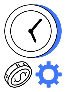 Siyah elli saat, bozuk para ve vites simgesi. İş stratejisi, zaman yönetimi, üretkenlik, finans, operasyon planlaması ve verimlilik konuları için ideal. Satır metaforu