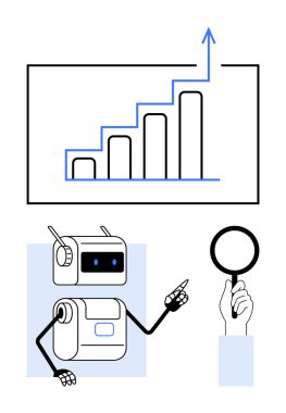 Robot büyüteci işaret ederek yukarı doğru giden bir çubuk grafiğini okla analiz ediyor. İş, teknoloji, yapay zeka, veri analizi, yenilik, ilerleme, büyüme için ideal. Satır metaforu