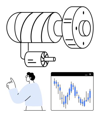 Karmaşık mekanik bileşenleri gösteren ve grafik üzerindeki veri eğilimlerini inceleyen mühendis. Mühendislik, teknoloji, veri analizi, mekanik tasarım, yenilik, imalat, profesyonel