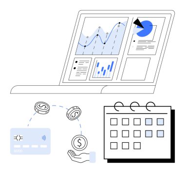 Finansal veriler dizüstü bilgisayarda grafikler ve grafiklerle gösteriliyor. Bozuk paralar ve el ile kredi kartı işlemi. Takvim işaretleri tarih. Finansal planlama, sanal bankacılık, gider takibi için ideal