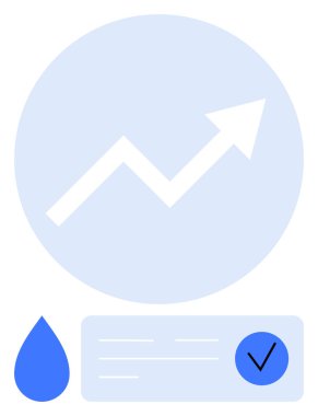 Yukarıyı gösteren ok, su damlası ve işaretli kontrol listesi. Ticari başarı, büyüme, sürdürülebilirlik, su yönetimi, hedefler, başarılar, çevre girişimleri için ideal