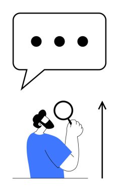 Elinde büyüteç tutan mavi elbiseli bir elipsi olan konuşma balonu yukarı doğru ok tutuyor. İletişim, merak, keşif, keşif, gelişme, araştırma ve anlayış için idealdir. Satır metaforu