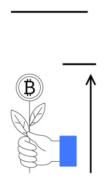 Bitcoin sembolü ve yükselen okla filizlenen bir bitkiyi tutan el. Finans, kripto para birimi, büyüme, yatırım, yenilik, gelecek ve zenginlik için ideal. Satır metaforu