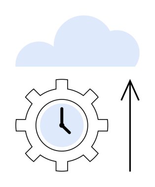 Ortasında saat, üstünde bulut ve yukarı doğru ok olan vites. Yenilik için ideal, bulut hesaplama, verimlilik, otomasyon, zaman yönetimi teknolojisi gelecekteki büyüme. Satır metaforu