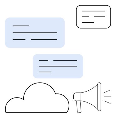 Konuşma baloncukları ve bulut depolama ikonlu megafon. Dijital iletişim, sosyal medya, pazarlama, bulut depolama, çevrimiçi etkileşim, işbirliği ve bilgi paylaşım temaları için ideal. Çizgi