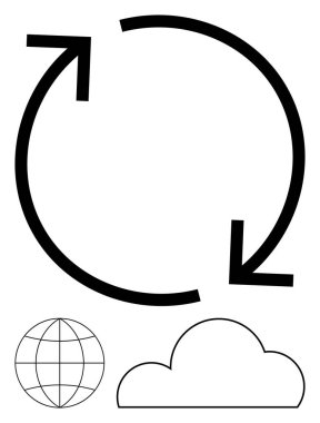 Geniş dairesel oklar, kablo küresi ve bulut şekli geri dönüşümü, bulut hesaplamasını ve küresel bağlantıyı temsil ediyor. Sürdürülebilirlik, teknoloji, çevre, küresel erişim verileri için ideal