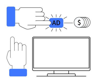 El tıklama düğmesi, el işareti, boş bilgisayar ekranı, bozuk paralar. Dijital pazarlama, çevrimiçi reklam, para kazanma stratejileri, iş büyümesi, pazarlama kampanyaları için ideal