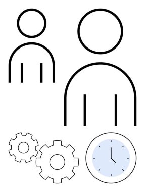 İki insan figürü, dişliler ve bir saat işbirliği ve verimliliği gösteriyor. İş, takım çalışması, proje yönetimi, zaman yönetimi, iş akışı verimliliği, şirket organizasyonu görevi için ideal