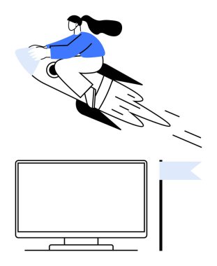 Bilgisayar monitörü ve bayrağın üzerinde mavi roketli bir kadın. Başlangıç için ideal başarı, yenilik, teknoloji, hedef başarı, iş büyümesi, motivasyon. Satır metaforu