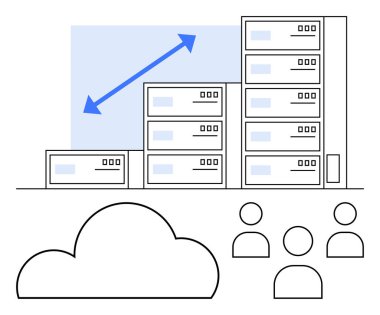Tırmanabilir sunucu raflarına bağlı bulut ve yukarı doğru eğimli ok büyümeyi gösteriyor. Bulut depolama, sunucu yönetimi, veri merkezleri, bilişim çözümleri, ağ oluşturma, ölçeklenebilirlik, takım için ideal