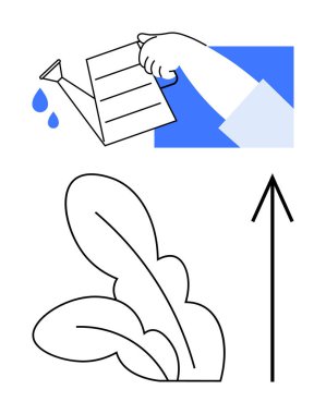 Mavi su damlacıklarıyla el ele tutuşmak. Bitkinin ve yukarı doğru okun basit siyah çizimi. Büyüme, ilerleme, yetiştirme, bahçıvanlık, eğitim, yatırım, kişisel gelişim için ideal
