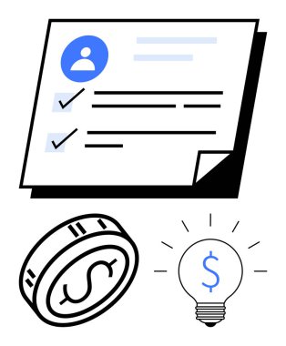 Profil simgesi, dolar parası ve dolar işareti olan ampullü kontrol listesi. Finansal hedefler, bütçe, kişisel finans, yatırımlar, iş fikirleri, finansal planlama yenilikçi