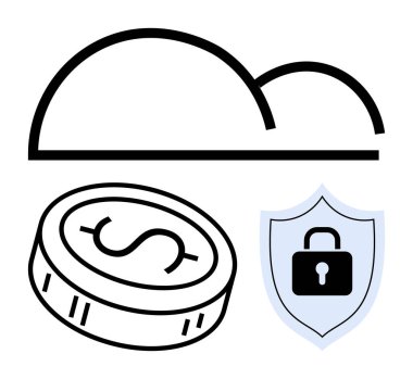 Cloud with dollar coin and shield lock symbolizes financial protection and data security. Ideal for finance, technology, cloud computing, cybersecurity, data storage, online transactions, IT clipart