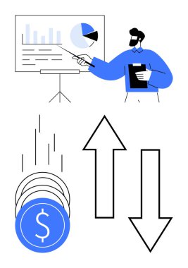 Grafik ve pasta grafiklerini gösteren, pano tutan bir iş adamı. Yığınla bozuk para, yukarı ve aşağı ok. İş, finans, ekonomi ve eğitim için ideal