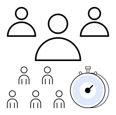 Üç büyük insan dört küçük insan, açık mavi kronometre. Takım çalışması, verimlilik, zaman yönetimi, teslim tarihleri, işbirliği, grup projeleri, verimlilik için ideal. Satır metaforu