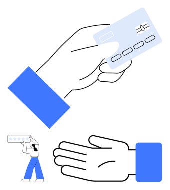 Kredi kartı tutan büyük bir el, avuç içi kadar uzanan, derecelendirme kartı olan biri. Finans, işlem, ödeme sistemleri, müşteri hizmetleri, dijital cüzdan bankacılığı kullanıcı değerlendirmeleri için idealdir. Satır metaforu