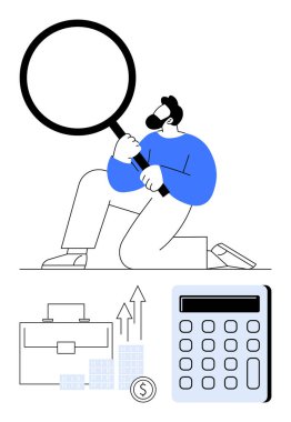 Büyüteçle diz çökmüş bir adam hesap makinesi, yükselen grafikler, evrak çantası ve finansal sembol de dahil olmak üzere işle ilgili görüntüleri inceliyor. İş analizi, mali planlama ve piyasa için ideal