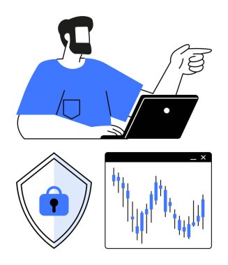 Eğitmen dizüstü bilgisayardaki finansal verileri açıklarken aynı zamanda güvenlik kalkanı ile birlikte bir borsa tablosuna işaret ediyor. Eğitim, finans, güvenlik, iletişim, borsa ve veriler için ideal