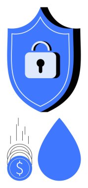 Kilit sembollü mavi kalkan, bozuk paralar düşüyor ve mavi damla. Güvenlik, tasarruf, finans, koruma, yatırım suyu koruma mecazi temsili için idealdir. Satır metaforu