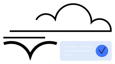 Veri transferini ve doğrulama işaretini gösteren biçimlendirilmiş çizgilerle bulut şekli. Bulut hesaplama, veri güvenliği, ağlar, depolama çözümleri, kimlik doğrulama, bilişim hizmetleri için ideal