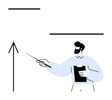 Profesyonel bir iş adamı elinde bir pano ile yukarı doğru büyük bir oku işaret ediyor. Sunumlar, strateji planlaması, büyüme tahminleri, iş toplantıları, eğitim oturumları için ideal