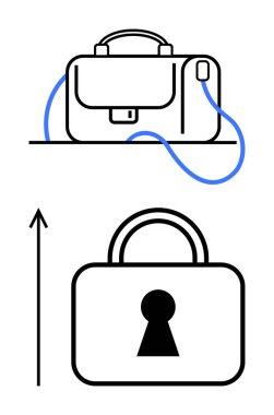 Evrak çantası ve yukarı doğru oklu asma kilit. İş güvenliği, seyahat verimliliği, organizasyon, verimlilik, modern çalışma, yenilik, güvenlik için idealdir. Satır metaforu