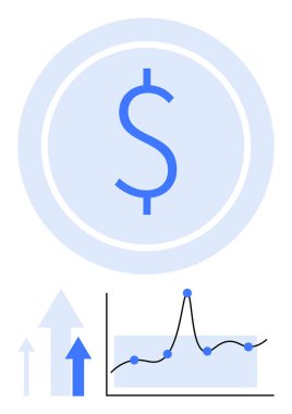 Büyük dolar sembolü yukarı doğru ok çizgisi çizelgesi, veri noktaları ve büyüme göstergeleri. Finans, yatırım, ekonomi, iş stratejisi, pazar eğilimleri, veri analizi ve performans için ideal. Çizgi