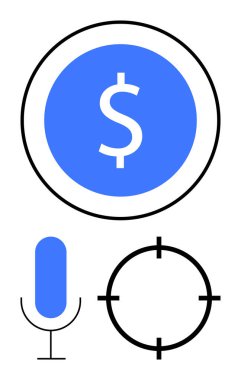 Çemberin içinde mavi dolar işareti, bir mikrofon sembolü ve bir hedef. Finans, podcast, yayın, pazarlama, parasal tartışmaları hedef alan kullanıcı arayüzü unsurları için idealdir. Satır metaforu
