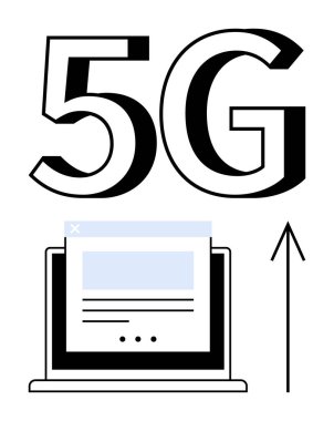 Kalın 5G metni dizüstü bilgisayarın üstünde, yukarı doğru ilerlemeyi gösteren web, v10 sayfası ve okla. Teknoloji, telekomünikasyon, internet hızı, yenilik, ağ güncellemeleri, modern iletişim ve