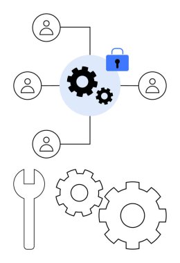 Merkezi dişli ağ diyagramı ve kullanıcı simgelerine bağlı kilit. İngiliz anahtarı ve ilave vitesler aşağıda. Siber güvenlik, ağ yönetimi, takım çalışması, bilişim bakım, mühendislik ve dijital için ideal