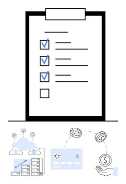 Mali yönetim kontrol listesi, panoda kontrol edilen ögeler. Bulut sunucusu, temassız ödeme kartı, para birimi sembolleri ve bozuk para tutan bir el. Finans, organizasyon ve teknoloji için ideal