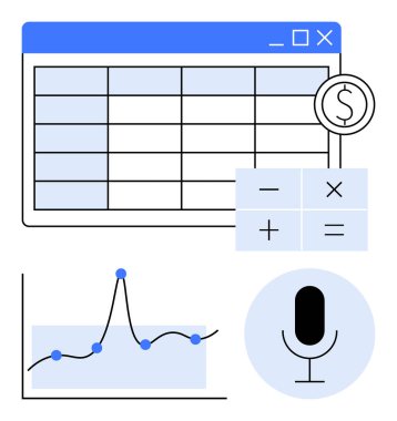 Hesap cetveli sembolü hesap makinesi grafiği mavi çizgi ve noktalar mikrofon simgesi. Finans, veri yönetimi, teknoloji, iletişim, analitik, yenilik ve büyüme için ideal. Satır metaforu
