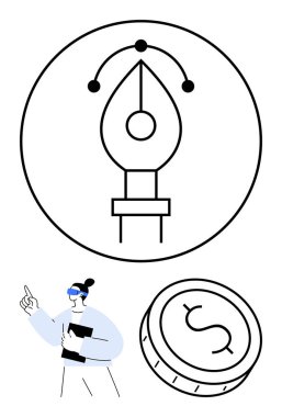 Çemberdeki kalem aracı simgesi, yukarı bakan kitapları olan insan figürü ve parasal değeri temsil eden para. Tasarım, strateji, finans, öğretim, pazarlama danışmanlık teknolojisi için ideal. Çizgi