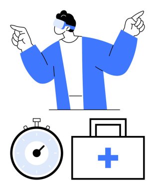 VR kulaklık takan kişi, kronometre, haçlı sağlık çantası. Sanal sağlık, teletıp ve tıbbi teknoloji kavramları, zaman yönetimi, yenilik, sağlık hizmetlerinde ilerleme için ideal