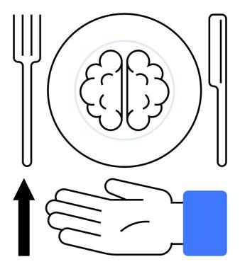 Tabaktaki çatal, bıçak ve uzatılmış el, entelektüel beslenmeyi, eğitimi ve bilgi tüketimini sembolize eder. Öğrenme, kavrayış, akıl sağlığı ve beyin gıdaları bilgeliği için ideal