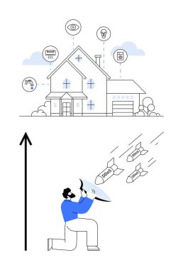 Smart home with interconnected devices man defends against cyber threats. Ideal for cybersecurity, technology, smart home security, IoT, data protection, hacking prevention, innovation. Line metaphor clipart