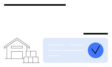 Warehouse with stacked boxes adjacent to verified shipping details icon with blue checkmark. Ideal for warehouse management, logistics, inventory tracking, shipping confirmation, supply chain clipart