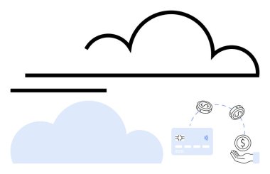 Bozuk paralarla, kredi kartlarıyla ve çizgilerle bulut bulut hesaplama, finans ve teknoloji entegrasyonunu sembolize eder. Fintech, bankacılık, güvenlik, bulut depolama çevrimiçi ödemeleri dijital işlemler için ideal