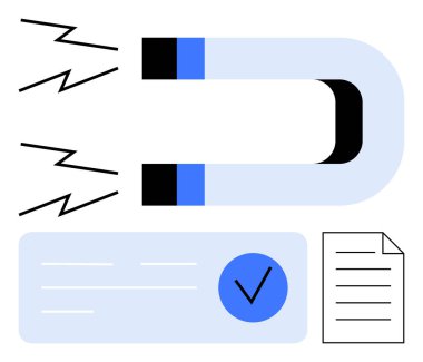 Magnet pulling lines, representing attraction and connectivity, towards documents and a checkmark symbolizing completion. Ideal for business strategy, productivity, efficiency, time management clipart