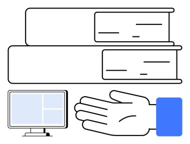 Kitaplar, bilgisayar ve el geleneksel ve dijital öğrenmeyi sembolize eder. Eğitim, teknoloji, bilgi paylaşımı, e-öğrenme, bilgi aktarımı için ideal akademik kaynaklar. Çizgi