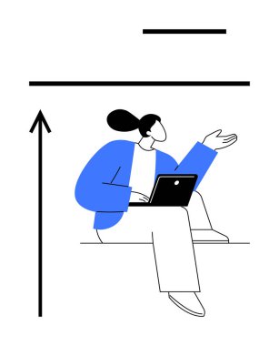 At kuyruklu kişiler ilerlemeyi vurgulamak için dizüstü hareketler yaparlar. Mavi palto siyah elementlere zıt. Eğitim, kariyer gelişimi, motivasyon, teknoloji, yenilik, büyüme için ideal. Çizgi