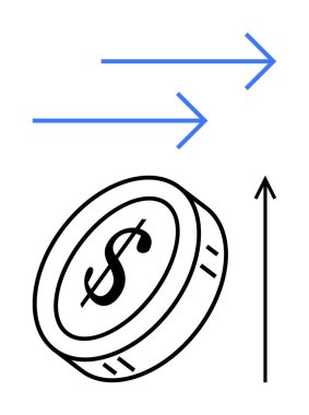 Yukarıyı gösteren iki mavi oklu siyah dolar sikkesi. Finans, ilerleme, hareket, büyüme, ekonomi, iş, yatırım için ideal. Satır metaforu